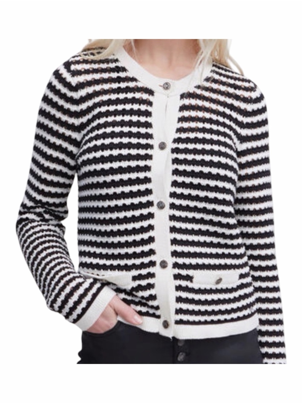 IKKS Knit Sailor-Stripe Cardigan Black Ecru Crest Button Size Medium